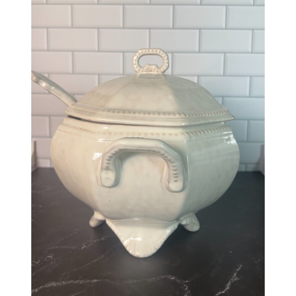 Vintage Peasant Village Italy Soup Tureen w/Lid & Ladle Pearl Luster Pottery PV